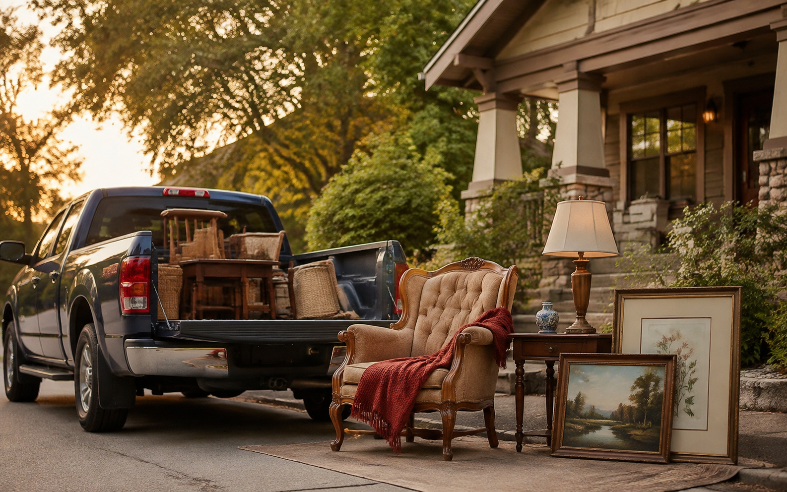 Estate sale furniture arranged for local pickup beside a truck